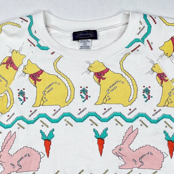 Allen Lolly '80s Vintage Cats, Rabbits, and Carrots Cross-Stitch Sweatshirt Sz S - Picture 2 of 6